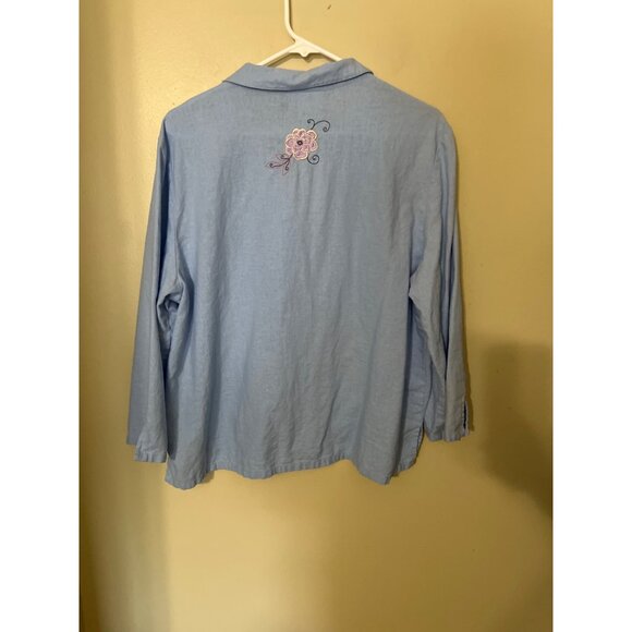Embroidered Linen Blend Shirt Sz 18 Button-Down Light Blue Floral Beach Lagenlo - Picture 9 of 12